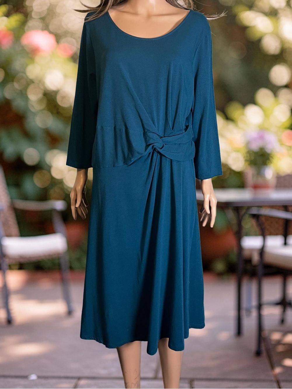 Lands’ End Teal Midi Dress 1X Tie Waist Jersey Knit